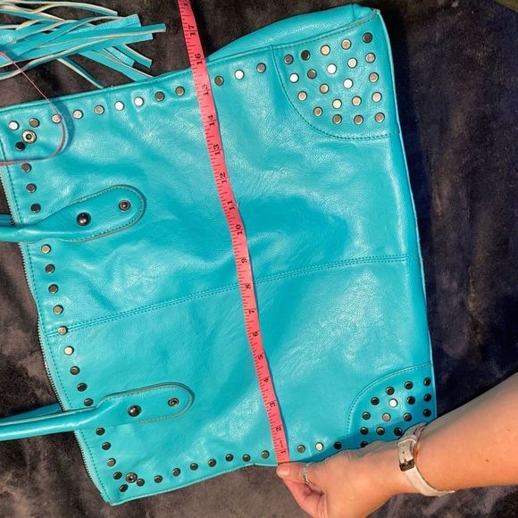 Revolution Turquoise Blue Leather Studded Shoulder Bag Top Handle Purse Tassel - Picture 12 of 13